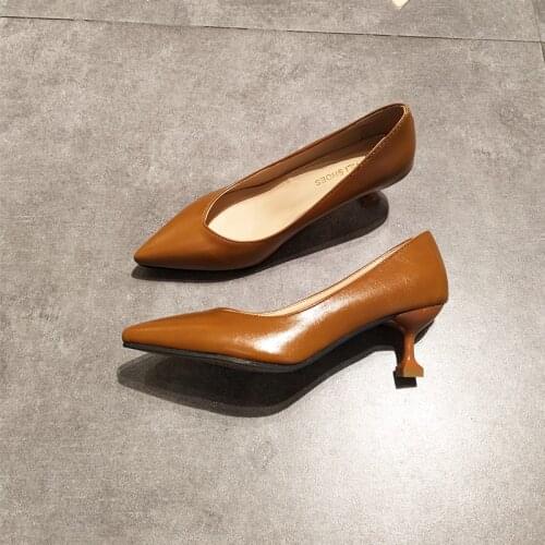 Korean all match fashion work shoes woman pointed toe shallow brief office ladies pumps slip on solid leather thin high heels