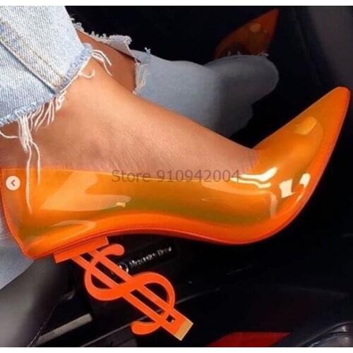PVC Pumps Women Stiletto High Heels Clear Sexy Ladies Pointed Toe Party Shoes Special Design Dollar Heels 10CM Size 34 43