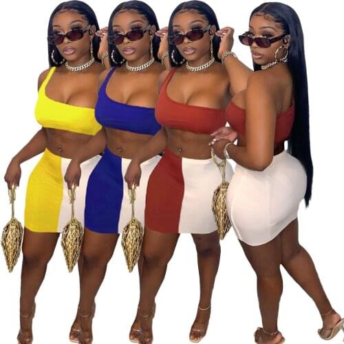 Summer Patchwork Two Piece Sets One Shoulder Tank Crop Top And Skirts Dress Sets Women Skinny Vintage Streetwear Outfits Club