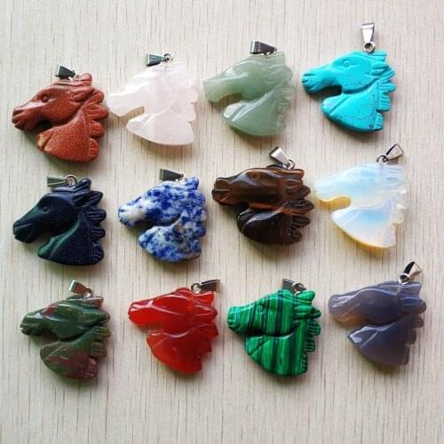 Fashion mixed natural stone carved horse heads pendants charms for necklace jewelry making 12pcs/lot Wholesale Free shipping