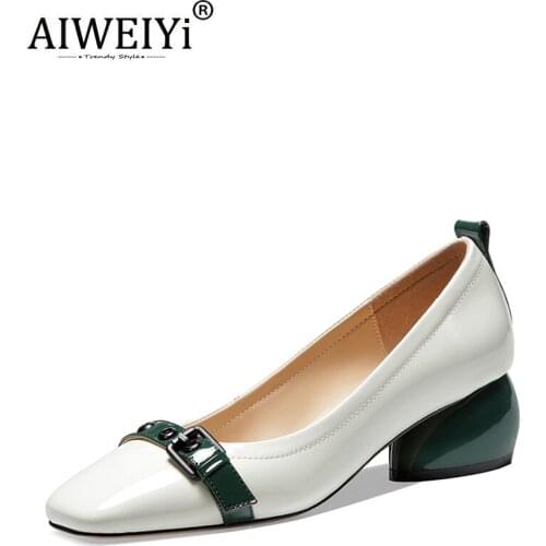 AIWEIYi Buckle Patent Leather Shoes Woman Thick Heel Square Toe Black White Woman Shoes High Heels Pumps