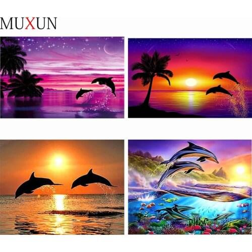 Diamond Painting Dolphin Daimond Mosaic Painting Red Landscape Pictures Of Rhinestones Animal Diamant Embroidery Scenery H8123