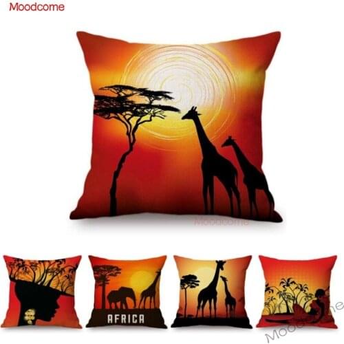 Africa Sunset Breathtaking View Scenery Art Gallery Decorative Throw Pillow Case African Animal Giraffe Elephant Cushion Cover