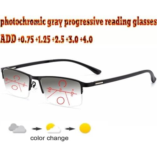 Photochromic Gray Progressive Multifocal Reading Glasses Business Men Halfrim Frame Tr90 +1.0 +1.5 +1.75 +2.0 +2.5 +3 +3.5 +4