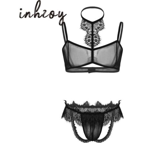 Hot Sexy Men Crossdressing Erotic Lingerie Set See Through Sheer Mesh Lace Bra with G-strings Male Sissy Panties Gay Underwear