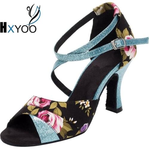 HXYOO Women Latin Ballroom Dance Shoes Ladies Salsa Shoes For Dance Satin Soft Soled Floral Black With Blue WK019