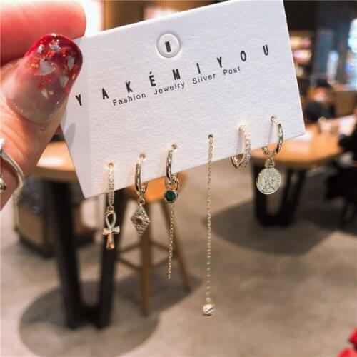 Korean Style Coin Size Portrait Hoop Earrings Temperament Micro-Inlaid Zircon Earrings 6-Piece Set For Women Exquisite Jewelry