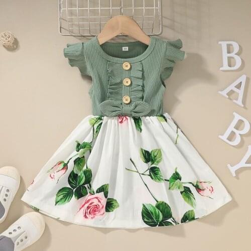 Summer Girl sundress kid clothing Children Girl Floral Print Ruffle Sleeve Dresses Princess Bow knit Top Flower Print Skirt