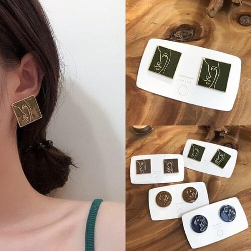 Fashion Geometric Round Square Drop Glaze Face Stud Earrings Retro Personality Abstract Face Pendants Women Jewelry Gifts