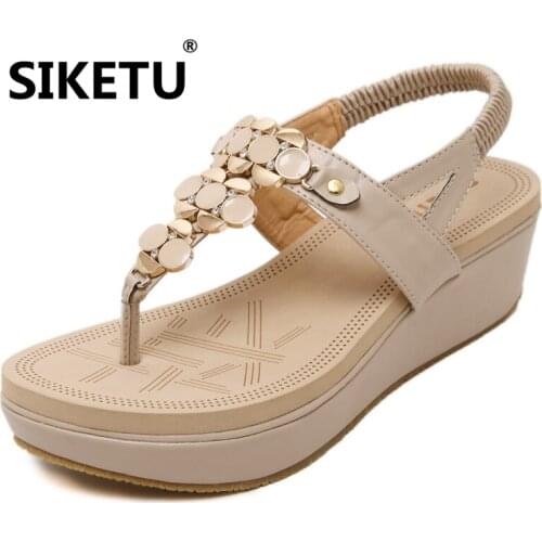 2018 new Bohemian Style Sandals 5.5cm Muffin with Toe Shoes Fashion Metal string bead decoration back strap wedges Women Sandals