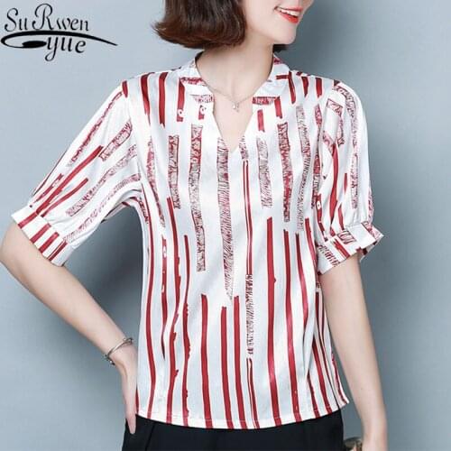 2021 New Style Summer Fashion Chiffon Blouse Woman Striped Short Sleeved Tops V-neck Womens Shirt Middle-aged Women 9061 50