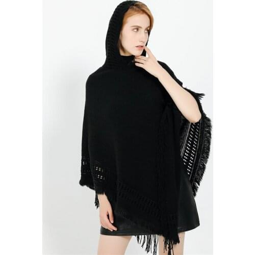 IANLAN New Winter Casual Hooded Shawls Womens Imitation Cashmere Hollow Ponchos All-match Solid Knit Stole with Tassels IL00308