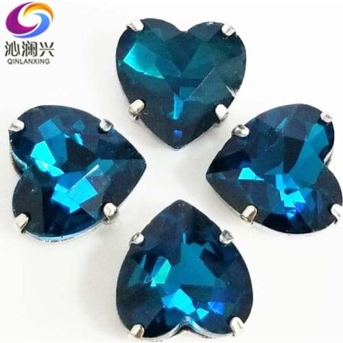 Peacock blue heart shape top quality Glass Crystal claw rhinestones,sew on stone with holes for Diy Clothing accessories SWH14