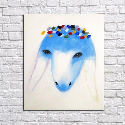 Handpainted Blue Goat BedRoom Lovely Cartoon Goat Handmade Oil Painting Living Decoration Picture Wall Art Handmade Oil Painting