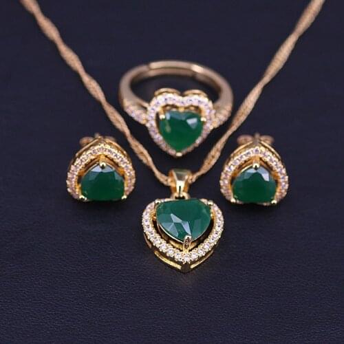 Heart Square Gold Color Jewelry Set For Women Malay Zircon Stud Earrings Adjustable Ring Necklace With Pendant Bridal Jewelry