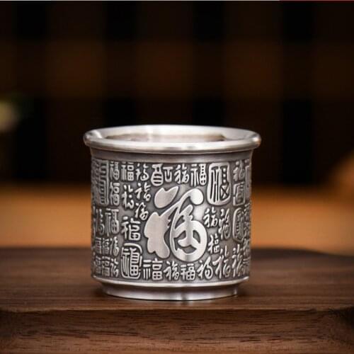 Hundred Blessing Pure Silver 999 Tea Cup Kungfu Master Teacup Peace Harmony Fine Good Luck Cups Office Tearoom Home Supplies