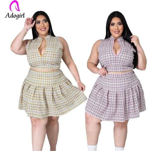 Plaid Women Skirts Set Zipper Front Crop Tank Top + A Line Pleated Skirts Matching Set 2021 Summer Elegant Office Lady Plus Size