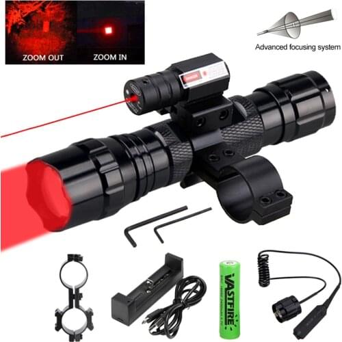 Tactical Zoomable Led Hunting Flashlight Green/Red Scout light+Red Laser Dot Sight+Remote Switch+Rifle Scope Mount+18650+Charger
