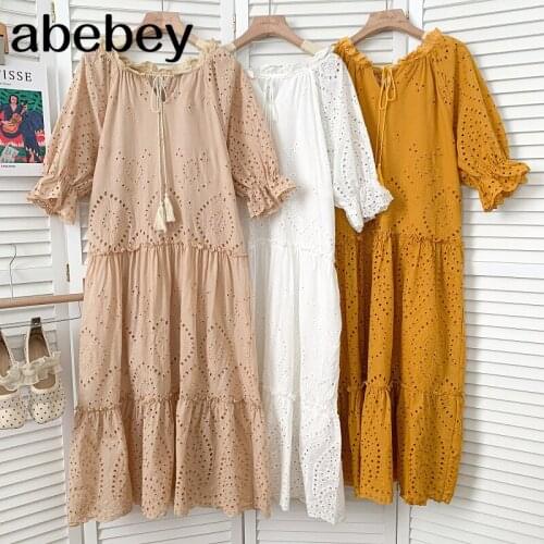 Vintage V-neck Puff Sleeve Dress Embroidery hollow out lace up bow loose casual mid-length A-line Dress 2021 New Summer