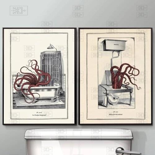 Vintage Octopus Print Funny Toilet Wall Art Cloakroom Poster Retro Gothic Steampunk Bathroom Wall Pictures Canvas Painting Decor