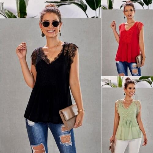 2019 Womens Sleeveless Lace Flower Hollow Tops Shirt Casual Female Summer New Lace Stitching Sexy V-neck Loose Wild Blouse Top