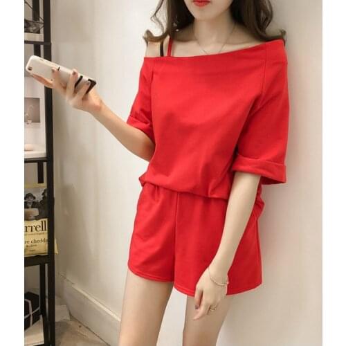 Womens Summer Cool Sportwear Solid Color Off Shoulder Suspender T-shirt Short Pants Two Piece Set Holiday Vacation Suit