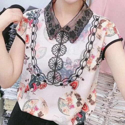 Women Spring Summer Style Chiffon Blouses Shirts Lady Casual Short Sleeve Peter Pan Collar Printed Chiffon Blusas Tops DD8833