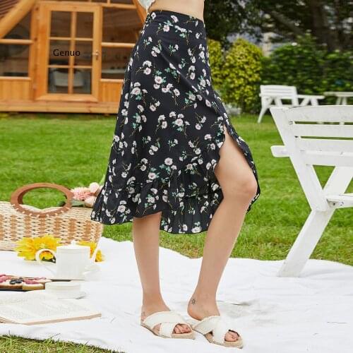 Women Vintage Floral Print Ruffle Skirt Girl Sweet Irregular Split Skirt 2021 Spring Summer High Waist Holiday Knee Length Skirt