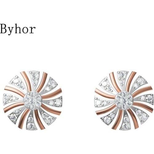 Byhor Solid 14K White/Yellow+White/Rose+White Gold 0.746ct H/SI Natural Diamonds Round Stud Earrings Women Cерьги Fine Jewelry