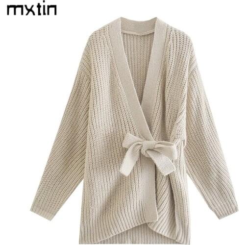 MXTIN 2021 Women Autumn Fashion Solid Bow Tie Knitted Sweater Vintage V-Neck Long Sleeve Female Outerwear Long Casual Tops Mujer