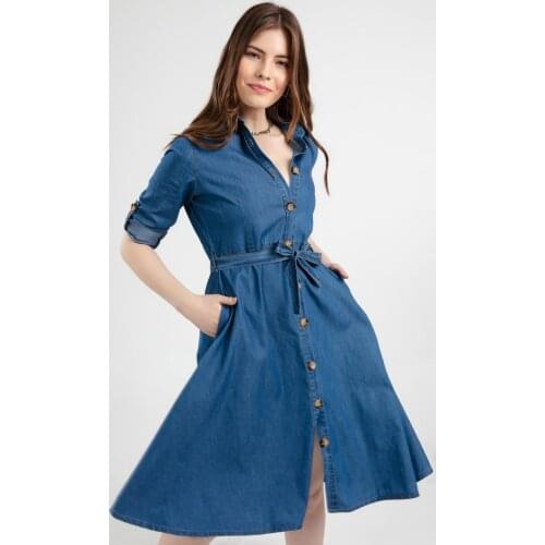 Y-London Women Belted Long Sleeve Denim Shirt Dress
