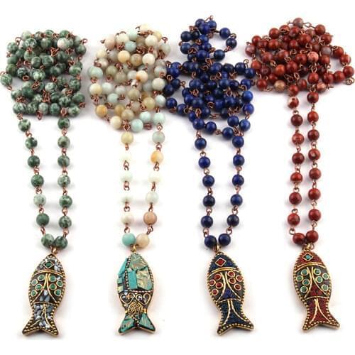 Fashion Bohemian Tribal Jewelry 6mm Semi Precious Stones Rosary Chain Fish Pendant Necklace Women Ethnic Necklace