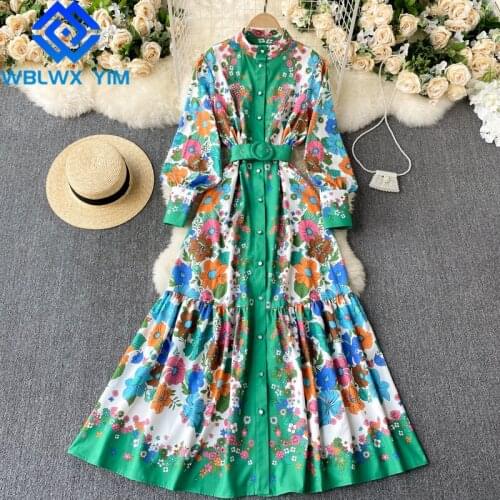 Spring Autumn High Waist Dress Women Fashion Pirnt Single Breasted Dress Female Stand collar Long Sleeve A-Line Long Dresses