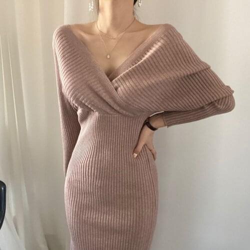 2021 Fashion Spring Solid Color Women Sexy Bodycon Dress Vintage V-neck High Waist Slim Was Thin Elegant Black Knitting Dresses