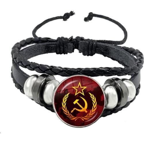Vintage USSR Soviet Badges Sickle Hammer Black Leather Button Bracelet CCCP Russia Emblem Communism Sign Top Grade Bangle