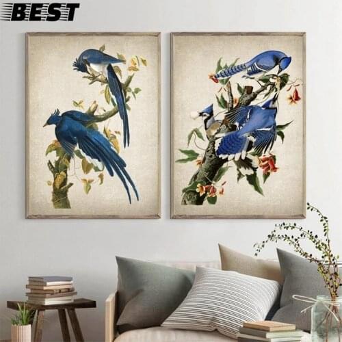 Audubon Art Prints Columbia Jays Vintage Bird Illustration Poster Canvas Painting Blue Jays Pictures for Living Room Home Decor