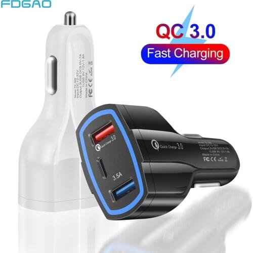 FDGAO QC 3.0 USB Car Charger 3-Ports Quick Charge 3.0 TypeC Fast Charger for Car Phone Charging Adapter for iPhone 12 11 Samsung