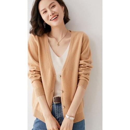 BELIARST 2021 Autumn And Winter New Womens V-Neck Cardigan Long-Sleeved Knitted 100% Pure Wool Sweater Pure Color Casual