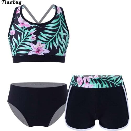 TiaoBug 3Pcs Kids Girls Swimwear U Neck Cross Straps Open Back Print Crop Tops With Shorts And Briefs Set Beach Pool Rash Guard