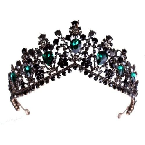 European Green Crystal Tiaras Vintage Black Rhinestone Pageant Crown Baroque Bridal Wedding Hair Jewelry Accessories Gift