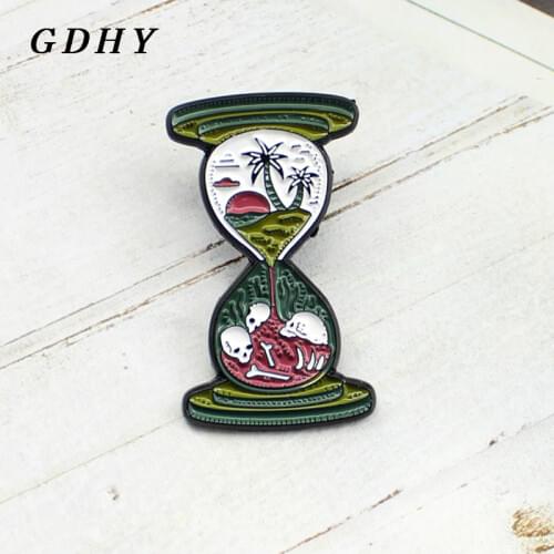 GDHY Hourglass Brooch Sunset Coconut Tree Skull Skeleton Dead Island Enamel Pin Personality Badge Jean Leather Pack Badge Gift
