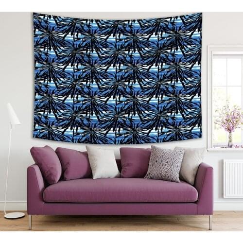 Tapestry Palm Trees Leaves Silhouettes over Wavy Ocean Tropical Nature Illustration Night View in Blue Black White Print