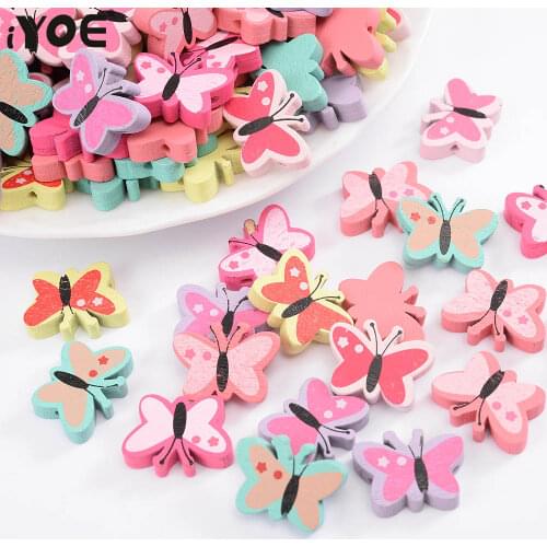 IYOE 30pcs/lot 16x21mm Animal Wood Beads Cute Printing Butterfly Beads For Jewelry Making Keychain Necklace DIY Craft Ornaments