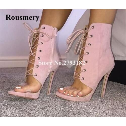 Rousmery New Fashion Open Toe Pink Suede Leather Lace-up Short Gladiator Boots Cut-out PVC Transparent Strap Ankle Booties