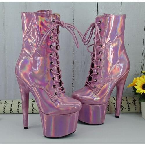 Leecabe 17cm/7Inch Shinny Laser PINK Womens Platform Sandals Pole Dancing shoes High Heels Shoes professional pole dance boot