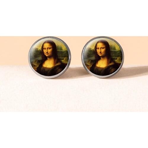 Classic Oil Painting Mona Lisa Girl With The Pearl Earrings Jewelry Vintage Aesthetic Van Gogh Round Glass Stud Earrings