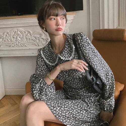 Spring Summer 2021 Dress A-Line Long Sleeve Streetwear Beach Black Floral Party Dresses Women Evening Chiffon Vintage Clothes