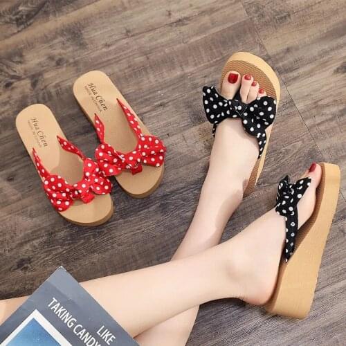Sweet Classics Bowknot Dots Wedges Slippers Women Non-slip Platform Sandals Fashion Outdoor Beach Summer Slides 2021 Flip Flops