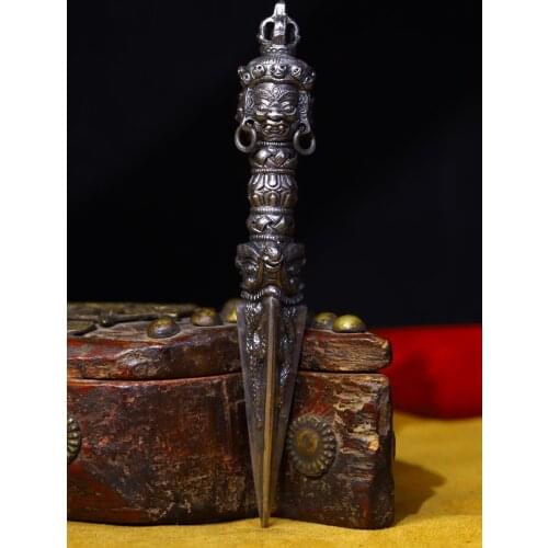 6"Tibet Buddhism Temple Tiantie Three-sided Mahakala Head Statue Skull Dorje Vajra Phurba Dagger Holder Exorcism