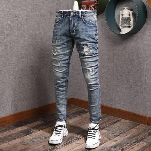 European American Vintage Fashion Men Jeans Retro Blue Elastic Slim Fit Ripped Jeans Men Distressed Designer Denim Pencil Pants